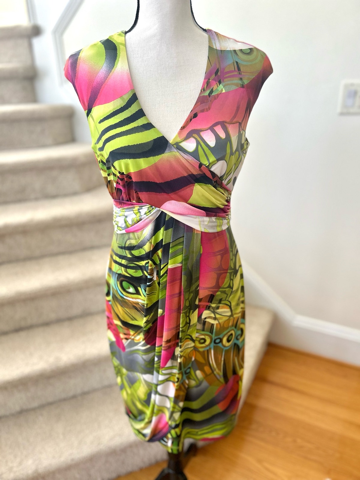 Joseph Ribkoff Pink & Green Peacock Feather Print Sheath Dress